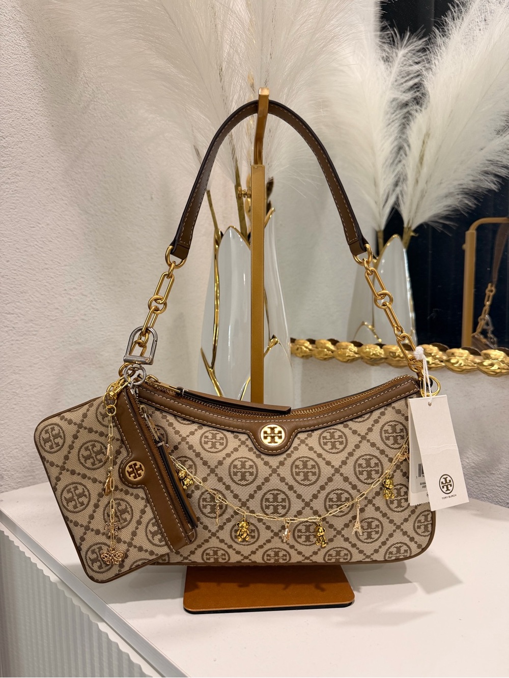 Tory Burch Beige and Brown Logo-Print Shoulder Bag with Gold Accents